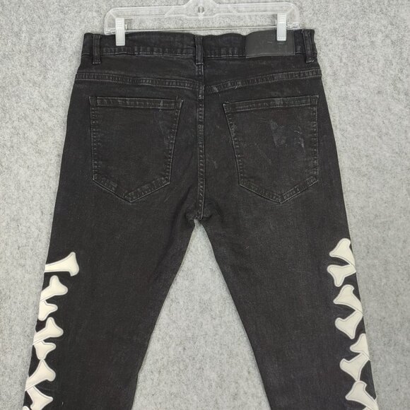 AHP Another Hype Piece Jeans Mens 34x31 Black Slim Straight Pant Crossbones Flaw - Picture 6 of 12